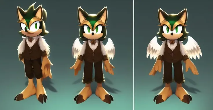 male, Mobian, hedgehog, owl, hybrid, brown skin, eyes large, amber eye, emerald green eye, wings, full body,