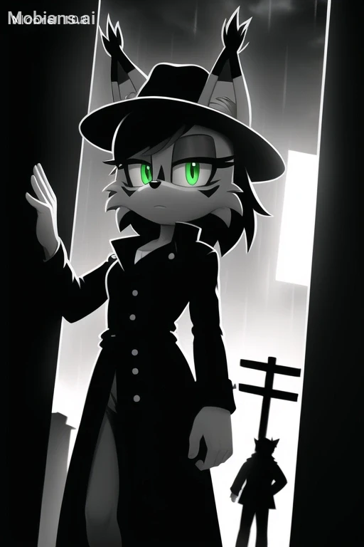 ((Masterpiece), high quality, detailed, greyscale, high contrast, backlighting), nicole the lynx, mobian, facial markings, serious face, spot color, glowing green eyes, breasts, hat, trenchcoat, open coat, hand in pocket, alleyway, wind, raining, dutch angle three-quarter portrait, background character, silhouette, detailed background