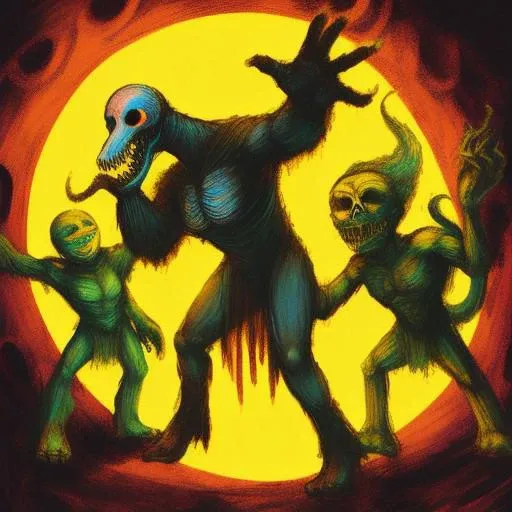 a group of cartoon characters sitting on top of a bed, wisps of energy in the air, transparent ghost screaming, inspired by Alexander Stirling Calder, psychedelic cosmic horror, footage of a theater stage, orange fog, transparent cloth, scp-049, shrugging arms