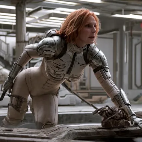 40 year old woman on the surface of the moon, in a new gears of war , cinematic, uhd, 8k,