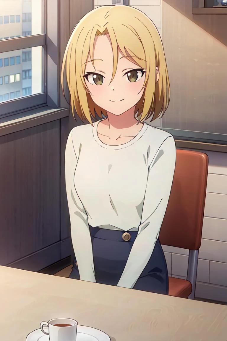 (extremely detailed CG unity 8k wallpaper), (masterpiece), (best quality), (ultra-detailed), (best illustration), (best shadow), (absurdres), 1girl, solo, <lora:chinatsu-12:0.7>,chinatsu, 1girl, blonde hair, solo, smile, cup, looking at viewer, short hair, sitting, chair, brown eyes, shirt, window, hair between eyes, collarbone, long sleeves, white shirt, indoors, table, teacup