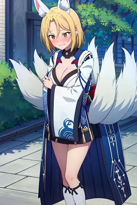 (extremely detailed CG unity 8k wallpaper), (masterpiece), (best quality), (ultra-detailed), (best illustration), (best shadow), (absurdres), 1girl, solo, <lora:chinatsu-11:0.7>,chinatsu, animal ears, tail, blush, 1girl, breasts, fox ears, blonde hair, embarrassed, fox tail, multiple tails, wide sleeves, cleavage, outdoors, brown eyes, wavy mouth, tree, animal ear fluff, bush, kimono, bangs, solo, knees together feet apart, cosplay, day, white kimono, fox girl, medium breasts, full-face blush, nose blush, long sleeves, kitsune, standing