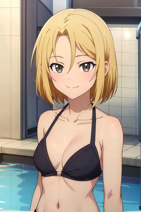 (extremely detailed CG unity 8k wallpaper), (masterpiece), (best quality), (ultra-detailed), (best illustration), (best shadow), (absurdres), 1girl, solo, <lora:chinatsu-11:0.7>,chinatsu, brown eyes, blonde hair, closed mouth, pool, 1girl, bangs, hair between eyes, short hair, upper body, parted bangs, 1boy, solo focus, bikini, smile, cowboy shot