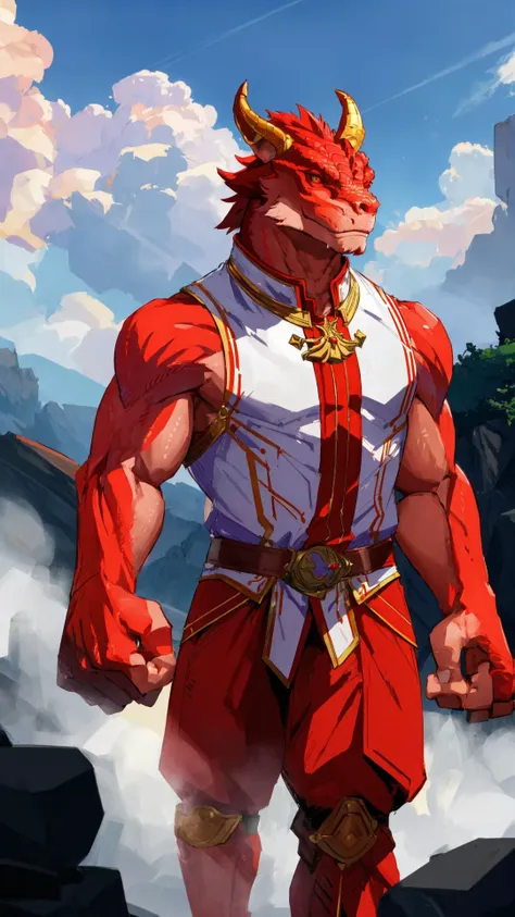 <lora:dragonborn_offset:0.8> dragonborn, red dragonborn, <lora:mdyk-000071:0.8> mdyk, oversized forearms, muscular arms, sleeveless, masterpiece, best quality, extremely detailed, highly quality, 4k, sharp focus, professional, sharp focus, award winning, cinematic lighting, octane render, unreal engine, volumetrics dtx, Wallpaper,