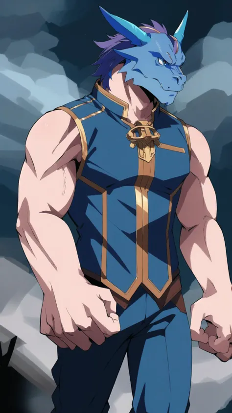 <lora:dragonborn_offset:0.8> dragonborn, blue dragonborn, <lora:mdyk-000071:0.8> mdyk, oversized forearms, muscular arms, sleeveless, masterpiece, best quality, extremely detailed, highly quality, 4k, sharp focus, professional, sharp focus, award winning, cinematic lighting, octane render, unreal engine, volumetrics dtx, Wallpaper,