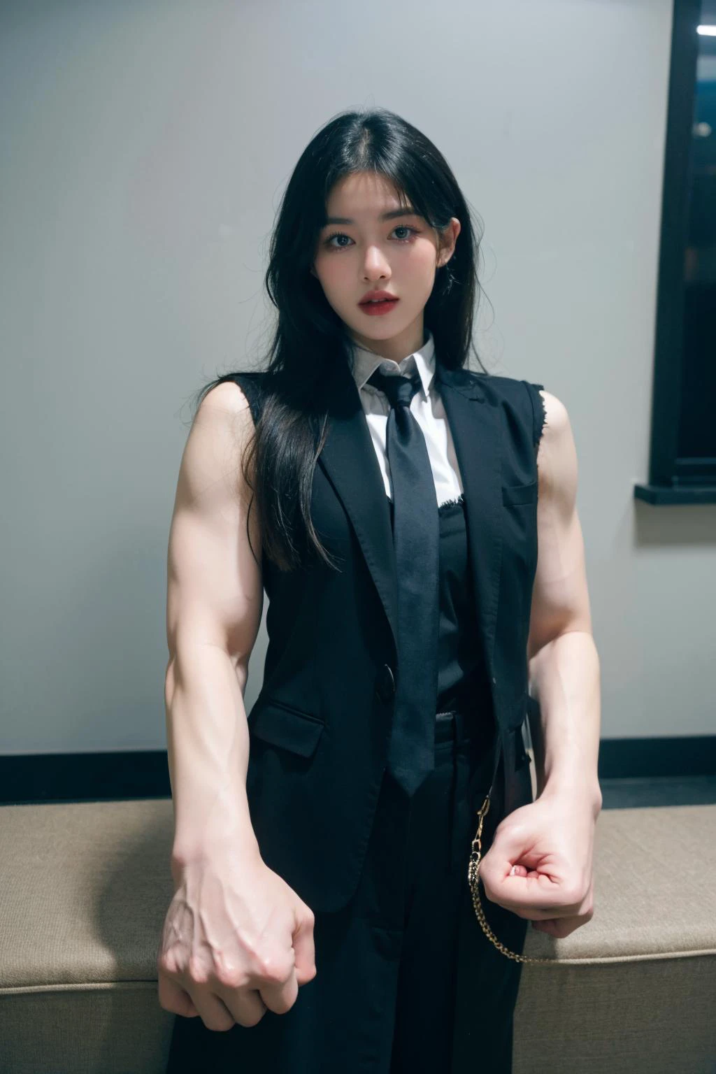 highres, 8k, absurdres, solo, looking at viewer, facing viewer, (nsfw:1.35), 1girl,SpiderPig, black hair, long hair, black necktie, oversized coat, black fur coat, ready to fight, fierce deity,
<lora:Stunning Beauty - 002:0.1>, <lora:JP_Girl-000011:0.45> , (mdyk:1.5), (oversized forearms:1.5), muscular arms, sleeveless, <lora:mdyk-000071:0.8>