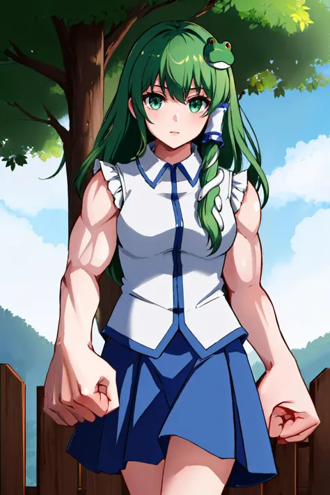 (masterpiece, best quality:1.2), solo, 1girl, kochiya sanae, hair tubes, frog hair ornament, snake hair ornament, mdyk, oversized forearms, muscular arms, sleeveless, shirt, blue skirt <lora:touhou_kochiya:1> <lora:mdyk-000071:1>