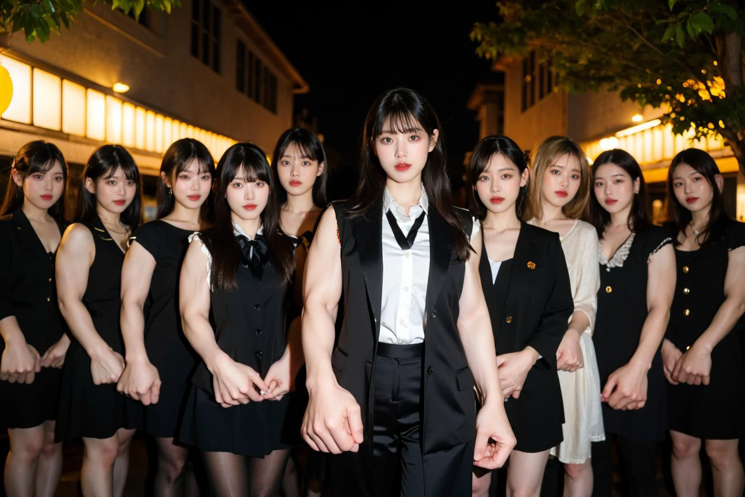 highres, 8k, absurdres, solo, looking at viewer, facing viewer, 1girl,SpiderPig, black hair, long hair, black necktie, oversized coat, black fur coat, ready to fight, protecting multiple girls naked as background, (multiple girls:1.5), slim girl as background, (one body guard standing in front), veins, glowing veins,
<lora:Stunning Beauty - 002:0.1>, <lora:JP_Girl-000011:0.45> , (mdyk:1.7), (oversized forearms:1.7), (muscular:1.7) arms, sleeveless, <lora:mdyk-000071:0.8>, <lora:MultipleGirlsGroup:0.8> slim girls, group picture, lineup, harem, 4girls,