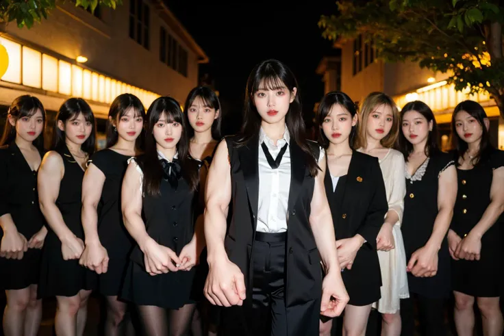 highres, 8k, absurdres, solo, looking at viewer, facing viewer,  1girl,SpiderPig, black hair, long hair, black necktie, oversized coat, black fur coat, ready to fight,  protecting multiple girls naked as background,  (multiple girls:1.5), slim girl as background,  (one body guard standing in front), veins, glowing veins, 
<lora:Stunning Beauty - 002:0.1>, <lora:JP_Girl-000011:0.45>  , (mdyk:1.7), (oversized forearms:1.7), (muscular:1.7) arms, sleeveless,  <lora:mdyk-000071:0.8>,  <lora:MultipleGirlsGroup:0.8> slim girls, group picture, lineup, harem, 4girls,