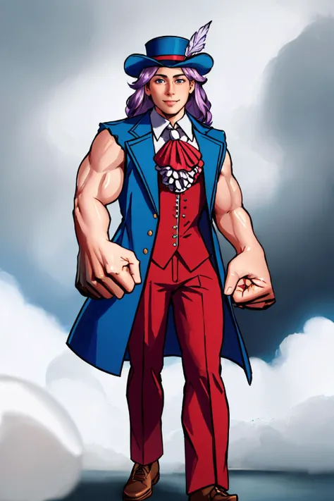 (masterpiece, best quality:1.2), solo, 1girl, travelingmerchant, smile, mdyk, oversized forearms, muscular arms, sleeveless, hat, coat, ascot, red pants <lora:Traveling Merchant:1> <lora:mdyk-000071:1>