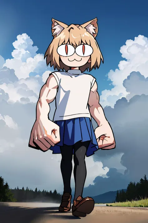 (masterpiece, best quality:1.2), chibi, solo, 1girl, neco-arc, :3, mdyk, oversized forearms, muscular arms, sleeveless, short hair, blonde hair, cat ears, slit pupils, white sweater, blue skirt, pantyhose, loafers <lora:neco-arc:1> <lora:mdyk-000071:1>