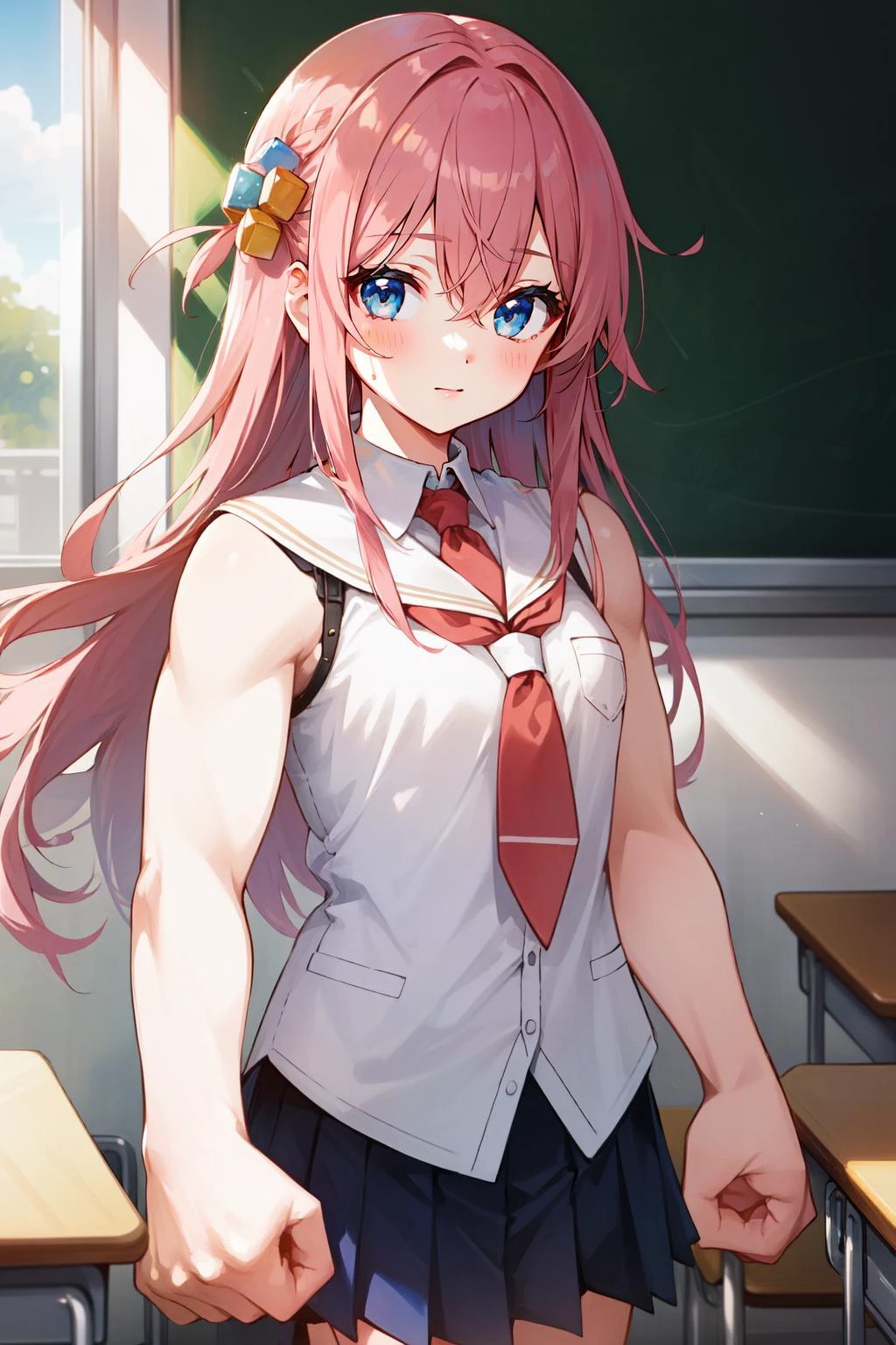 (masterpiece, best quality), intricate details,
1girl, <lora:gotoh_hitori:0.8> gotoh hitori, pink hair, long hair, hair between eyes, blue eyes, cube hair ornaments
<lora:mdyk-000071:0.8> mdyk, oversized forearms, muscular arms, sleeveless , school, classroom,