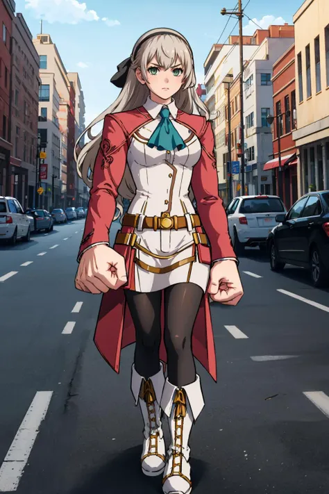masterpiece, best quality, mdyk, oversized forearms, muscular arms, sleeveless <lora:mdyk-000071:1> <elie <lora:elie-nvwls-v2-zero:0.8> elie macdowell, green eyes, hairband, blue ascot, hair ribbon, long sleeves, belt, pantyhose, white boots, furrowed brow, city street