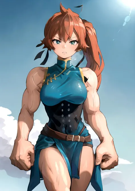 1girl, <lora:PB - ItsukaKendou:1> itsuka kendou, dress, pelvic curtain, ponytail, side ponytail, teal dress,
[<lora:mdyk-000071:1.1>::12]  mdyk, oversized forearms, muscular arms, sleeveless
<lora:khyleri_ex-07:0.45> <lora:soleil:0.35>