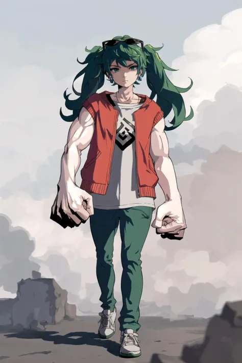 masterpiece, best quality, <lora:mdyk-000071:1>, mdyk, oversized forearms, muscular arms, sleeveless, 1girl, <lora:SandPlanetMiku:0.8>, hatsune miku, simple background