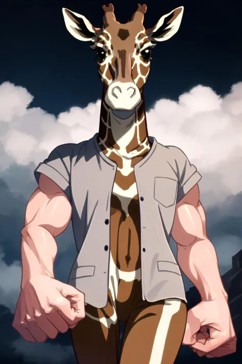 masterpiece, best quality, <lora:mdyk-000071:1>, mdyk, oversized forearms, muscular arms, <lora:revueGiraffe:0.65>, giraffe \(revue starlight\)