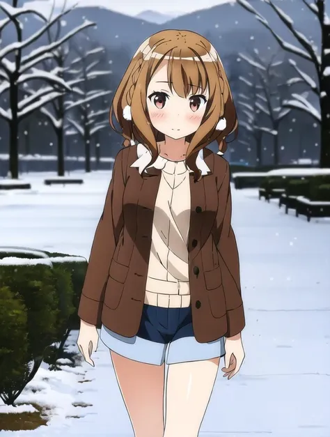 1girl, shirakawa miyako, brown hair, braid, shirt, jacket, walking in the park, snow <lora:shirakawa_miyako:0.8>