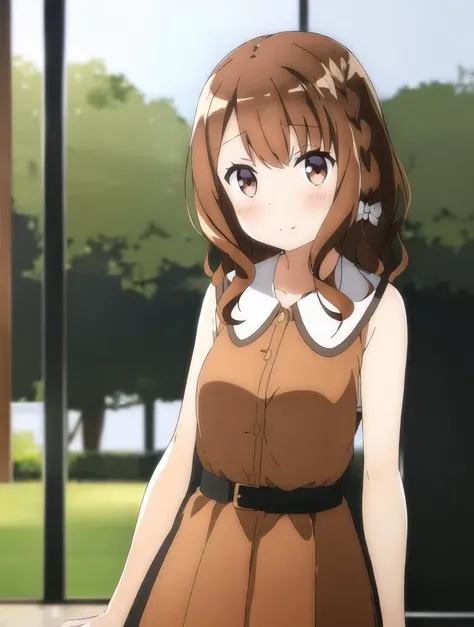 1girl, shirakawa miyako, brown hair, braid, sleeveless dress, posing for a picture <lora:shirakawa_miyako:0.8>