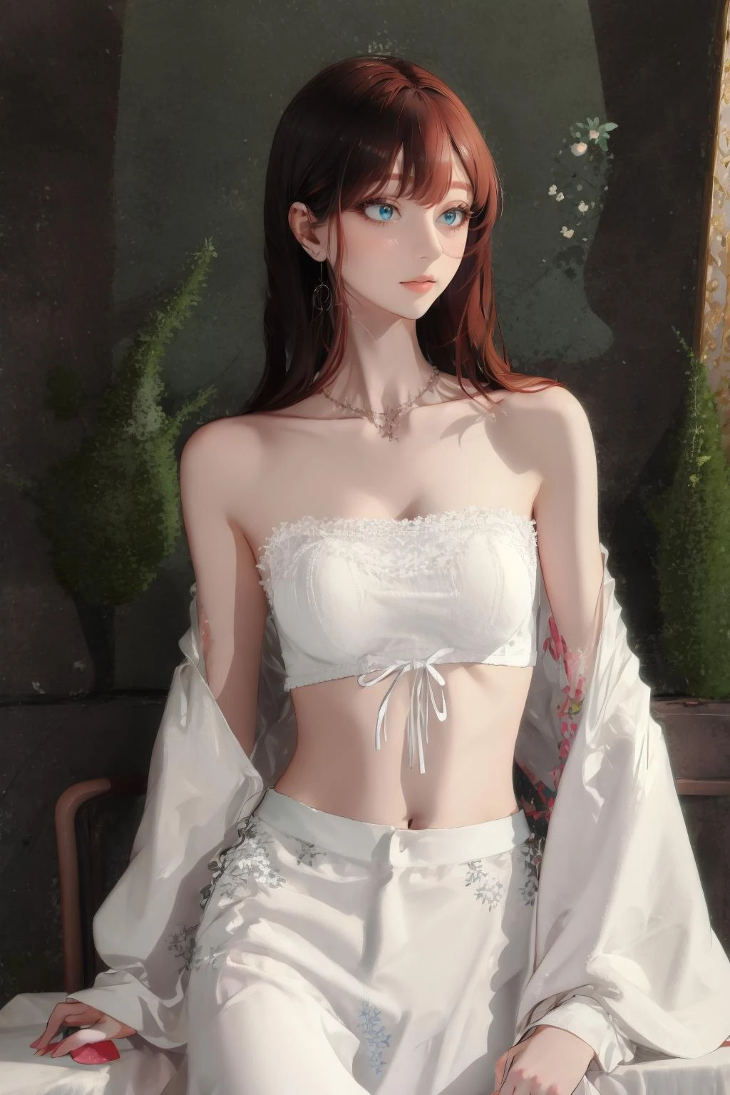 (absert art:1.3),1girl,upper body,strapless, midriff, <lora:strapless moxiong:1>,yoga pants,sitting in garden,pink long hair,blue rose in background,, (((masterpiece,best quality))),((good structure,Good composition,good atomy)), ((clear, original,beautiful)),