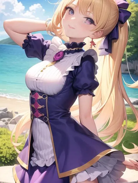 masterpiece, best quality, 1girl, colorful dress, scenery, long hair, blonde hair, ponytail, purple eyes, fantasy