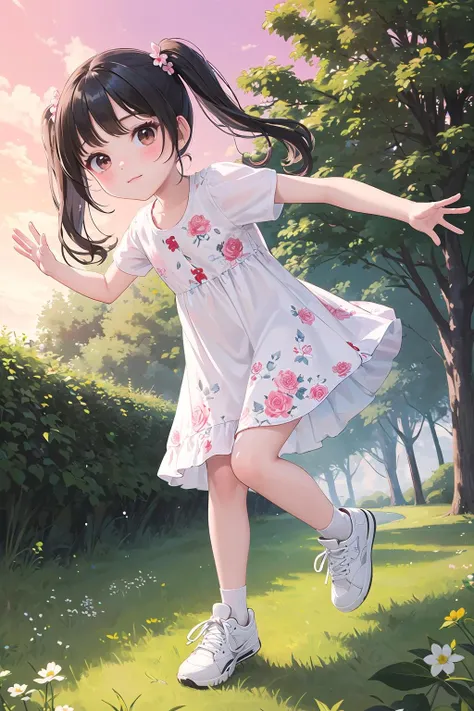 (best quality, masterpiece:1.3), ((cute 1 girl:1.2)), (child, 8 years old:1.4), low twintails, hair, solo, outdoors, cloud, black hair, dress, white footwear, red sky, shoes, short sleeves, sneakers, looking at viewer, brown eyes, white dress, full body, (dynamic pose:1.3), day, cloudy sky, floral print, bangs, blue sky, grass, blush, tree, closed mouth, city, from below, running,