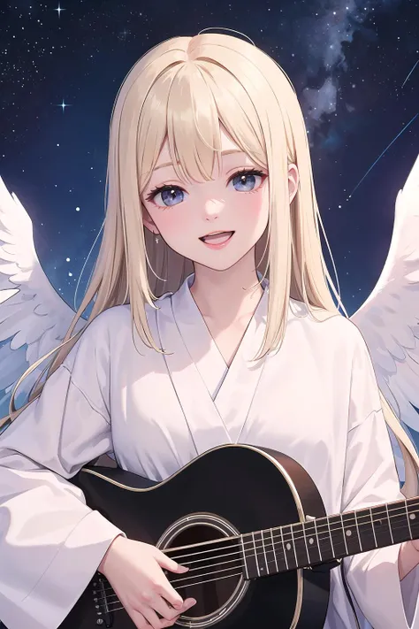 (best quality, masterpiece:1.2), 1angel, solo, in the sky, playing a guitar, white wings, blond hair, smiling, looking down at viewer, open mouth, heavenly light, stars in background, white robe, long sleeves, flowing, peaceful expression,