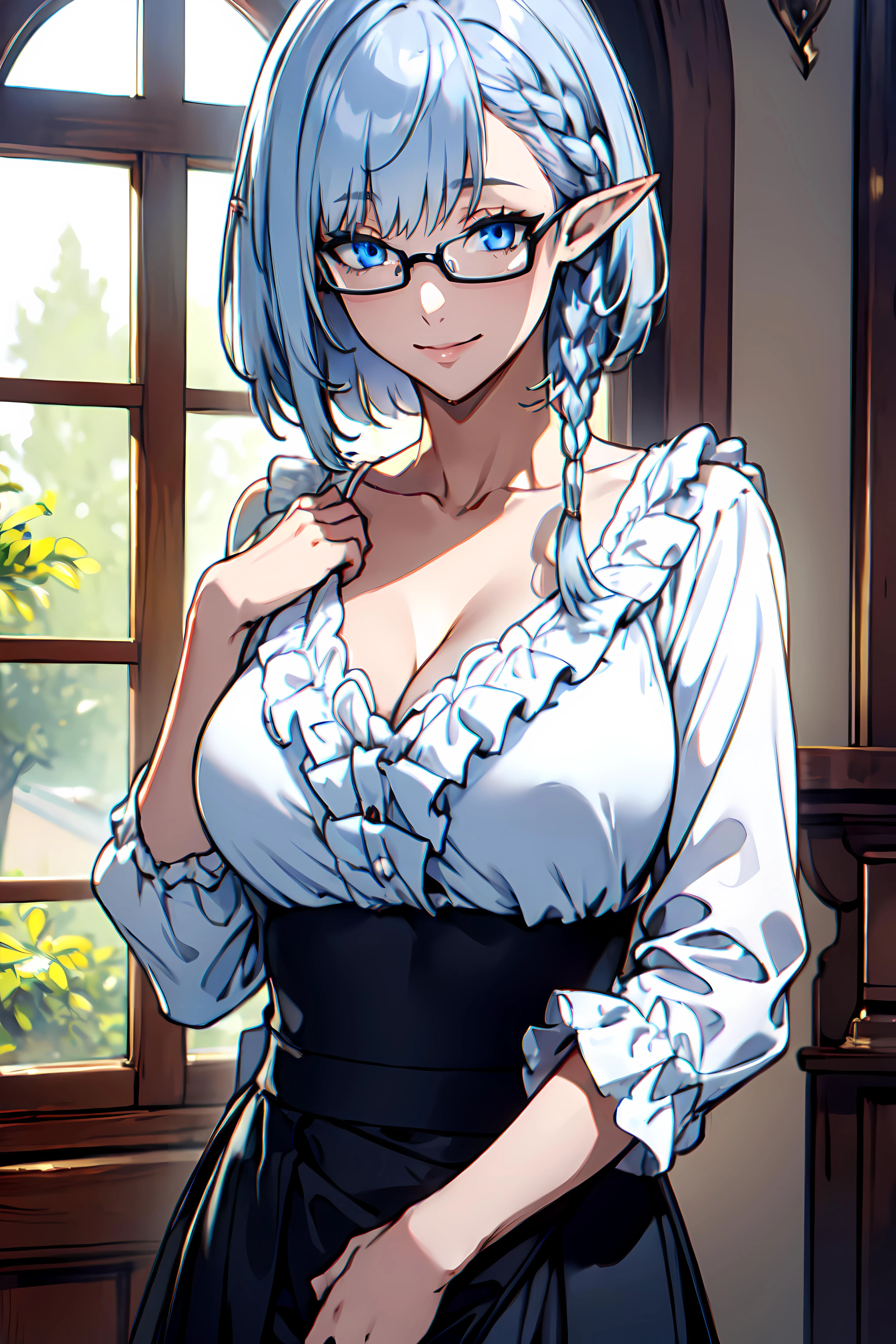 masterpiece,best quality, unreal engine, ultra res, extremely detailed,
1girl , large breasts, waist , (muscular:1.1) ,slender, waist shot,
<lora:Character_beta-nvwls-v1:0.7>
beta
silver hair,single (braid:0.8), bangs, short hair,
blue eyes,elf, pointy ears,
glasses
WHITE SHIRT, FRILL,long skirt,collarbone,cleavage
watching at viewer, smile,
sexy pose, dynamic pose
<lora:Style_hews_style:0.5>hews style <lora:Style_cutesexyrobutts_v2:0.2>CSR STYLE
<lora:Style_puuzaki-puuna-lora-v1:0.><lora:Style_anmnr01AOM3A1:0.4>
<lora:Concept_Round_Breasts_V7:0.4>round breasts,medium breasts,