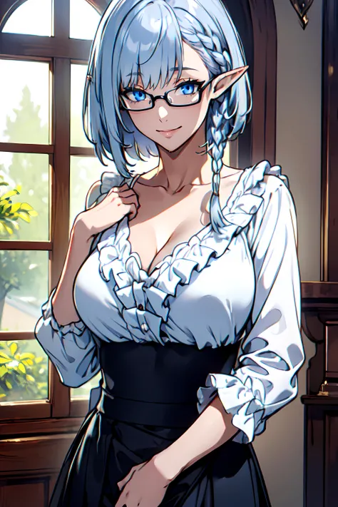 masterpiece,best quality, unreal engine, ultra res, extremely detailed,
1girl , large breasts, waist , (muscular:1.1) ,slender, waist shot,
<lora:Character_beta-nvwls-v1:0.7>
beta
silver hair,single (braid:0.8), bangs, short hair,
blue eyes,elf, pointy ears,
glasses
WHITE SHIRT, FRILL,long skirt,collarbone,cleavage
watching at viewer, smile,
sexy pose, dynamic pose
<lora:Style_hews_style:0.5>hews style <lora:Style_cutesexyrobutts_v2:0.2>CSR STYLE
<lora:Style_puuzaki-puuna-lora-v1:0.><lora:Style_anmnr01AOM3A1:0.4>
<lora:Concept_Round_Breasts_V7:0.4>round breasts,medium breasts,