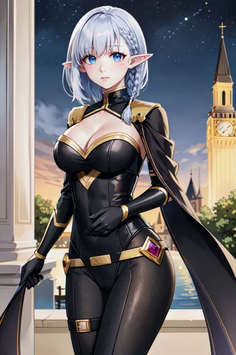 masterpiece, best quality, ultra detailed, detailed face, 1girl, beta, elf, pointy ears, aqua hair, blue eyes, narrow waist, large breasts, medium hair, side braid, bodysuit, gloves, leggings, cape, thigh gap, standing straight-on, outdoors, night, midnight, starry sky, church, clock tower, realistic, photo \(medium\), photo background, realistic skin texture, detailed background, beautiful and detailed artwork, <lora:beta-nvwls-v1:0.9>
