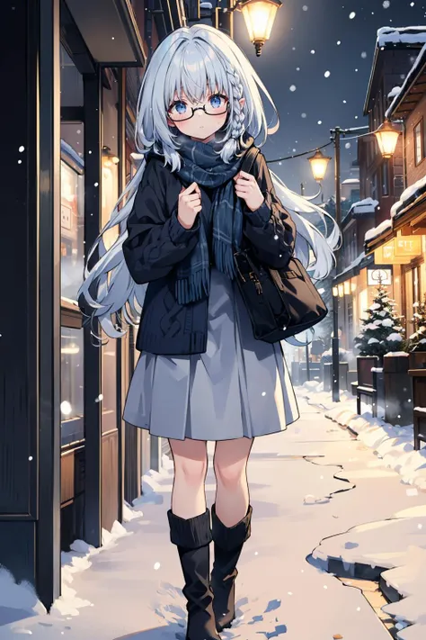 masterpiece, best quality, <lora:beta-nvwls-v1:0.9> beta, cable-knit sweater, scarf, long skirt, snow, winter, boots, night, city street, glasses