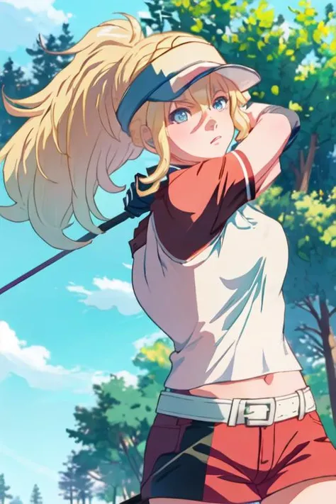 best quality, masterpiece, highres, solo, {evangeline_burton_birdiewinggolfgirlsstory:1.15}, blonde_hair, long_hair, blue_eyes, gloves, golf_club, ponytail, visor_cap, 1girl, tree, outdoors, shirt