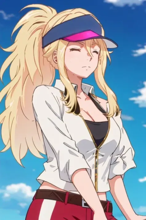 shizukazom100, 1girl, , dark purple hair, bangs, hair ornament, hairclip, pink eyes, white pupils, ??????????????, collarbone, jacket, cleavage, curious look, cowboy shot, ,Eiko Tsukimi, blue eyes, braid, twin braid,(((blonde hair))),baseball cap