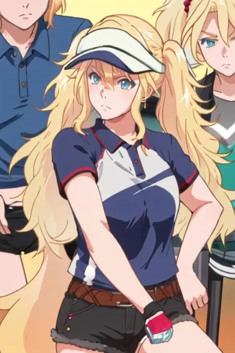 best quality, masterpiece, highres, solo, {evangeline_burton_birdiewinggolfgirlsstory:1.15}, blonde_hair, long_hair, blue_eyes, frown, visor_cap, orange_shirt, twintails, shirt, short_sleeves, 1girl, closed_mouth, solo_focus