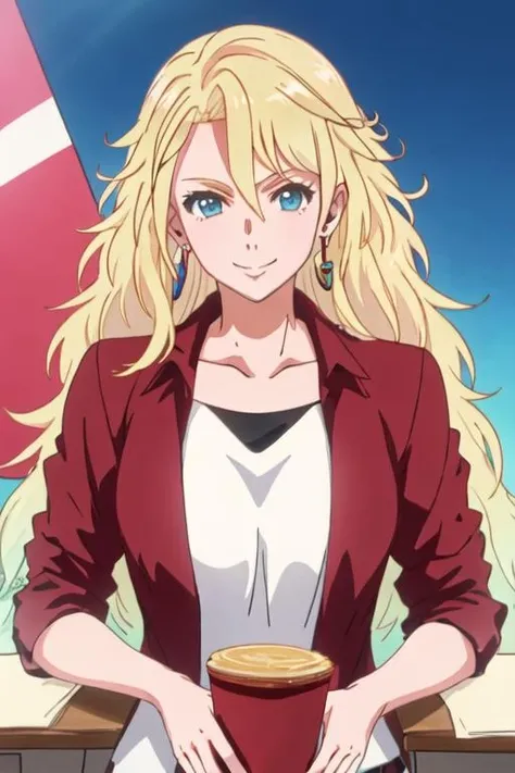 best quality, masterpiece, highres, solo, {evangeline_burton_birdiewinggolfgirlsstory:1.15}, blonde_hair, long_hair, blue_eyes, 1girl, earrings, looking_at_viewer, anime_coloring, collarbone, jewelry, shirt, smile, hair_between_eyes, jacket, portrait