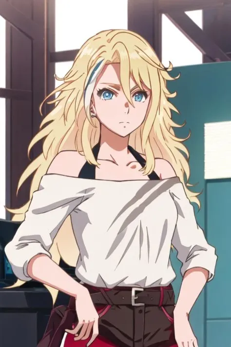 best quality, masterpiece, highres, solo, {evangeline_burton_birdiewinggolfgirlsstory:1.15}, blonde_hair, long_hair, blue_eyes, 1girl, closed_mouth, collarbone, grey_shirt, off_shoulder, shirt, upper_body, hair_between_eyes