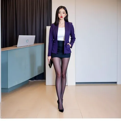 masterpiece,(full body female portrait:1.2),high detailed skin,8k uhd,soft lighting,high quality,highly detailed,makeup,fundoshi,key visual,vibrant,. 35mm photograph,film,bokeh,highly detailed,1girl,professional,4k,blush,eyeshadow,long_eyelashes,red lips,a pair of ggx heels,cyberpunk,large breasts,indoors,purple blazer,weathergirl,office lady,white skirt suit,Korean girl,black_pantyhose,tutututu,<lora:tutuJG:0.5>,<lora:ggx_V16_plw1:0.4>,brown hair,