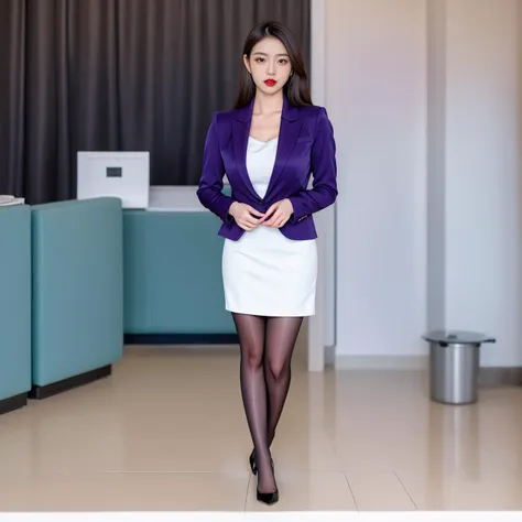 masterpiece,(full body female portrait:1.2),high detailed skin,8k uhd,soft lighting,high quality,highly detailed,makeup,fundoshi,key visual,vibrant,. 35mm photograph,film,bokeh,highly detailed,1girl,professional,4k,blush,eyeshadow,long_eyelashes,red lips,a pair of ggx heels,cyberpunk,large breasts,indoors,purple blazer,weathergirl,office lady,white skirt suit,Korean girl,black_pantyhose,tutututu,<lora:tutuJG:0.5>,<lora:ggx_V16_plw1:0.4>,brown hair,
