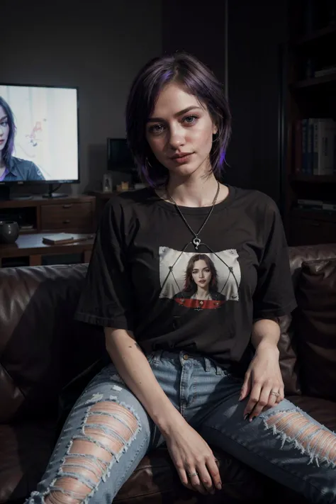 clair3_n0texist sitting on a sofa, legs to one side, wearing a large black skull T-shirt and ripped jeans, in a darkened room, illuminated by the TV, facing the camera, dynamic lighting, photorealistic, high detail, detailed, masterpiece, 8k, highres, flawless, colour, professional