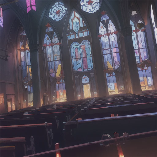 full view of urban church, glass windows, dim lights, (shadows:1.1), (((dark)))