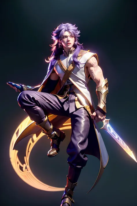 (masterpiece),((ultra-detailed)), (highly detailed CG illustration),(expressionless), (best quality:1.2), bright, solo, long hair, simple background, gloves, 1boy, hair between eyes, jewelry, yellow eyes, purple hair, multicolored hair, male focus, earrings, boots, pants, fingerless gloves, tattoo, arm tattoo, armor, long sleeves, coat, bare shoulders, shoes, blue footwear, realistic, (normal background), <lora:add_detail:0.5>, <lora:bright:0.6>, holding sword, holding weapon, weapon, sword,