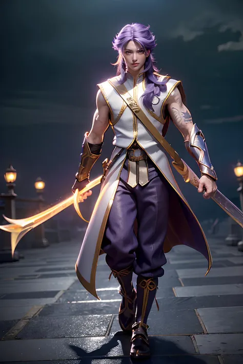 (masterpiece),((ultra-detailed)), (highly detailed CG illustration),(expressionless), (best quality:1.2), bright, solo, long hair, gloves, 1boy, hair between eyes, jewelry, yellow eyes, purple hair, multicolored hair, male focus, earrings, boots, pants, fingerless gloves, tattoo, arm tattoo, armor, long sleeves, coat, bare shoulders, shoes, blue footwear, realistic, (city background), <lora:bright:0.6>, The background is a city, white shirt, holding sword, holding weapon, weapon, sword,