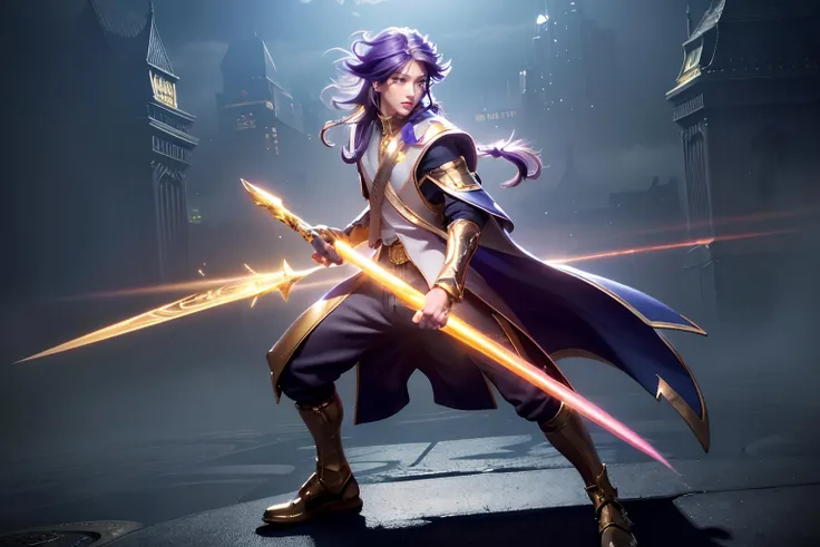 (masterpiece),((ultra-detailed)), (highly detailed CG illustration),(expressionless), (best quality:1.2), bright, solo, long hair, gloves, 1boy, hair between eyes, jewelry, yellow eyes, purple hair, multicolored hair, male focus, earrings, boots, pants, fingerless gloves, tattoo, arm tattoo, armor, long sleeves, coat, bare shoulders, shoes, blue footwear, realistic, (city background), <lora:bright:0.6>, The background is a city, white shirt, holding sword, holding weapon, weapon, sword,