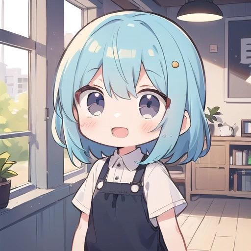 <lora:hotarueye_comic13_v100:1>, 1girl, (chibi:1.4), smile, open mouth, upper body, standing, , blue hair, indoors