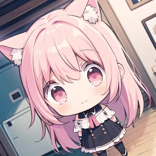 <lora:hotarueye_comic13_v100:1>, 1girl, (chibi:1.4), smile, closed mouth, dynamic angle, standing, animal ear, pink hair, indoors