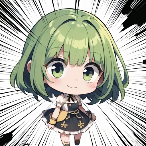 <lora:hotarueye_comic13_v100:1>
1girl, (chibi:1.4), smile, closed mouth, upper body, standing, , green hair, <lora:concentratedlines_v100:1>