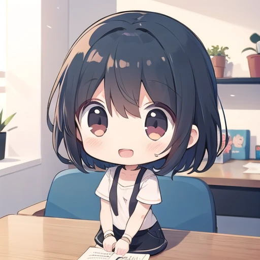 <lora:hotarueye_comic13_v100:1>, 1girl, (chibi:1.4), smile, open mouth, dynamic angle, standing, , black hair, indoors