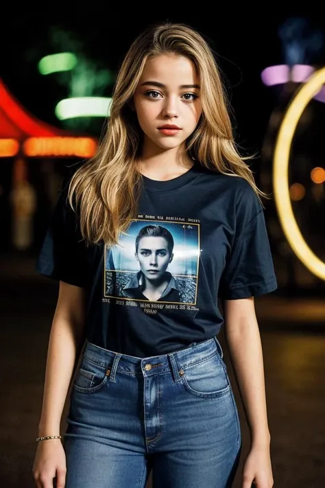photo of fit (Oliv14Dunn3Me-135:0.99), (blonde hair:1.2), (frowning:1.1), a beautiful woman, perfect hair, (modern photo), wearing a (crew neck t-shirt:1.2) and jeans with jewelry, portrait, 85mm, (analog, cinematic, film grain:1.3), (Holographic Amusement Park, Park with holographic rides, characters, and fantastical sensory experiences.), detailed eyes, professional pose, painted lips, (epiCPhoto), (looking at viewer:1.1), (cinematic shot:1.3), (natural lighting, lit from above), <lora:add_detail:0.5>