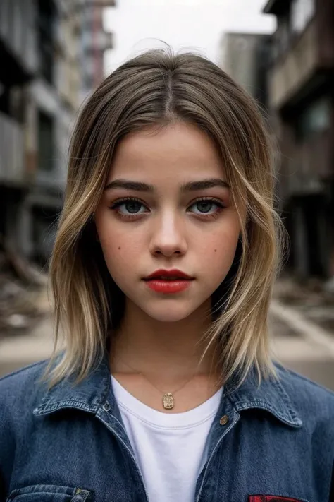 photo of fit (Oliv14Dunn3Me-135:0.99), (blonde hair:1.2), (frowning:1.1), a beautiful woman, perfect hair, (modern photo), wearing a (crew neck sweatshirt:1.2) and jeans with jewelry, portrait, 85mm, (analog, cinematic, film grain:1.3), (Dystopian Slums, Gritty urban setting with rundown buildings, neon lights, scavengers, and surveillance systems.), detailed eyes, professional pose, painted lips, (epiCPhoto), (looking at viewer:1.1), (cinematic shot:1.3), (natural lighting, lit from above), <lora:add_detail:0.5>