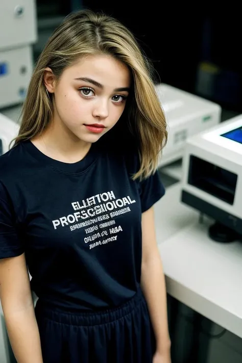 photo of fit (Oliv14Dunn3Me-135:0.99), (blonde hair:1.2), (frowning:1.1), a beautiful woman, perfect hair, (modern photo), wearing a (crew neck t-shirt:1.2) and long skirt with jewelry, portrait, 85mm, (analog, cinematic, film grain:1.3), (Genetic Lab, Cutting-edge lab with DNA manipulation, incubation chambers, and genetically modified organisms.), detailed eyes, professional pose, painted lips, (epiCPhoto), (looking at viewer:1.1), (cinematic shot:1.3), (natural lighting, lit from above), <lora:add_detail:0.5>