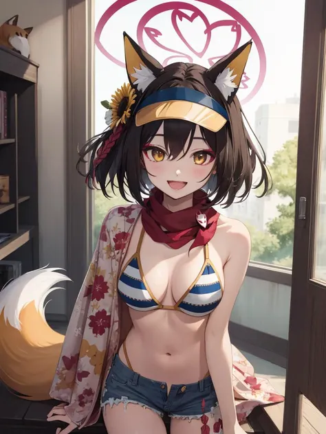 (Masterpiece, top quality, best quality, official art, beautiful and aesthetic:1.2), 1girl, izuna, short hair, fox ears, halo, :d, fox tail, striped bikini, visor cap, denim shorts, scarf, hair flower <lora:Izuna-10:1>